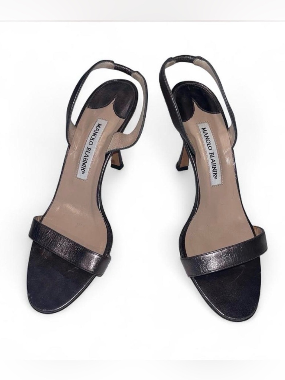 Manolo Blahnik Leather Metallic Gunmetal Pewter Slingback Strappy Heels 37.5 EU